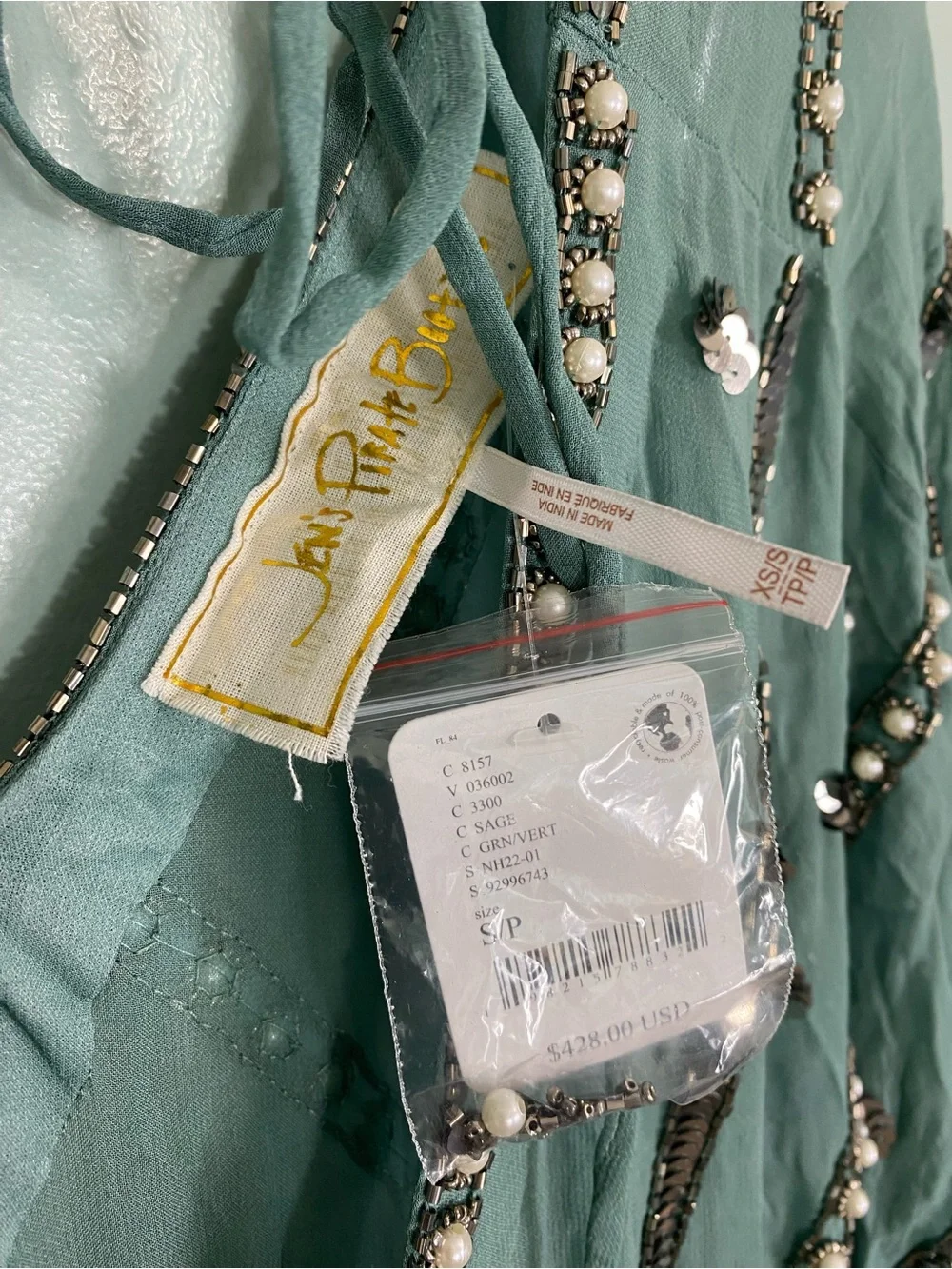 Free People Jens Pirate Booty Space Odyssey Kaftan Green Embellished Beaded XS/S
